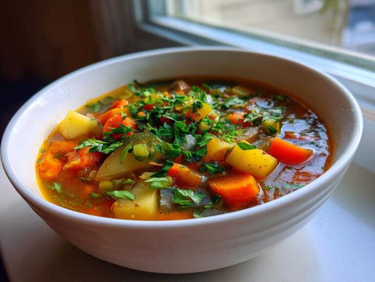 Close-up of a white bowl filled with rich, savory vegetable soup featuring chunks of potatoes, carrots, and fresh parsley garnish.