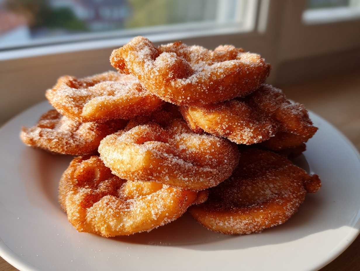 A tempting stack of freshly fried, golden brown buñuelos generously coated in granulated sugar.