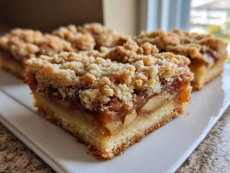 A close-up view of a thick, layered apple crumb bars slice showing the shortbread crust, gooey apple filling, and crumb topping.