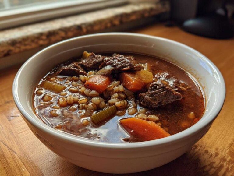 Close-up of a steaming white bowl filled with rich beef barley soup, featuring chunks of beef, carrots, and barley.