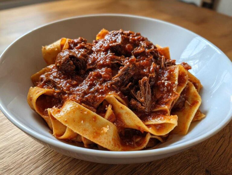 A close-up of tender shredded beef ragu generously coating wide pappardelle pasta in a white bowl.