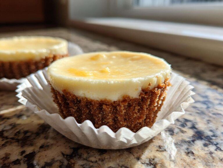 Close-up of one perfect cheesecake cupcake with a graham cracker crust and creamy topping, sitting in a white liner.