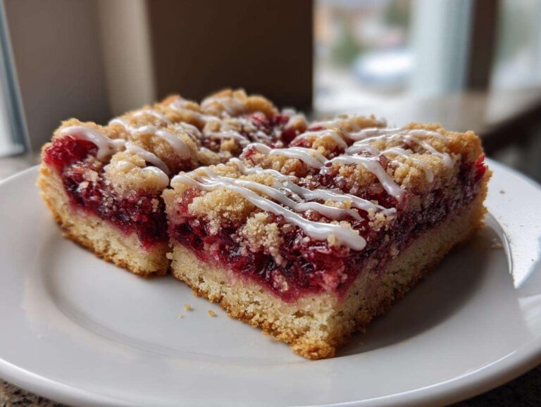 Two rich squares of cherry pie bars featuring a thick cherry filling, crumb topping, and white icing drizzle.