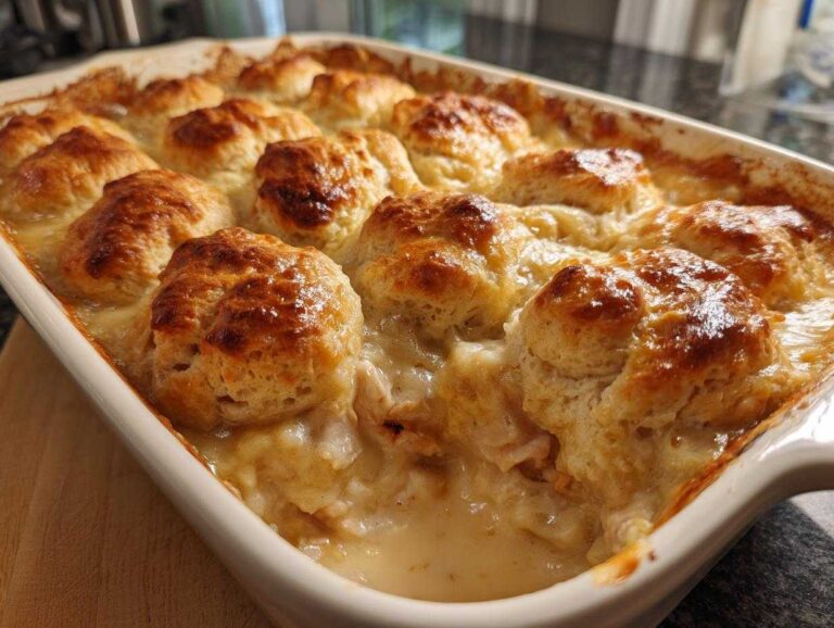 Close-up of a creamy chicken cobbler dish, featuring golden-brown biscuit topping bubbling in a white casserole dish.