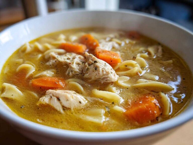 Close-up, steamy shot of amazing chicken soup featuring shredded chicken, egg noodles, and bright orange carrots in a white bowl.