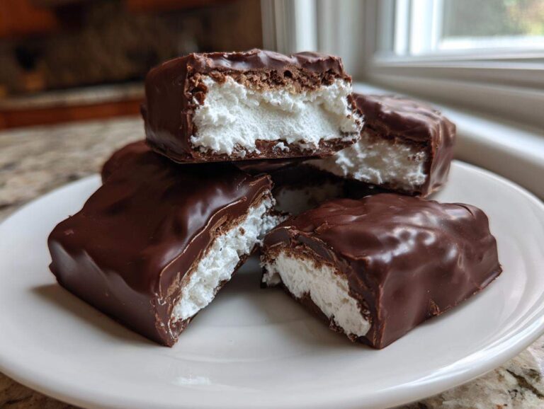 Close-up of homemade cool whip candy bars coated in chocolate, showing the fluffy white filling.