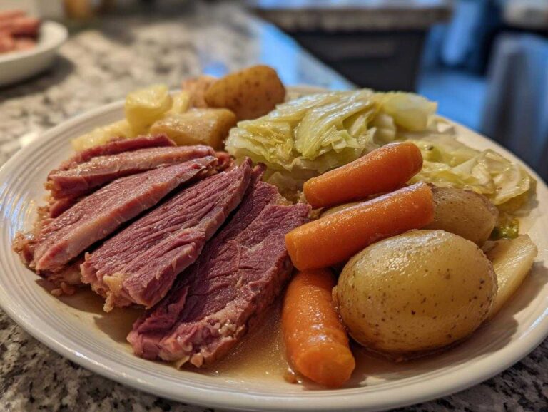 Plated serving of tender sliced corned beef alongside boiled potatoes, carrots, and cabbage.