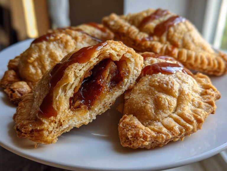 A close-up view of several golden brown fried apple pies, one cut open to show the filling, drizzled with caramel glaze.