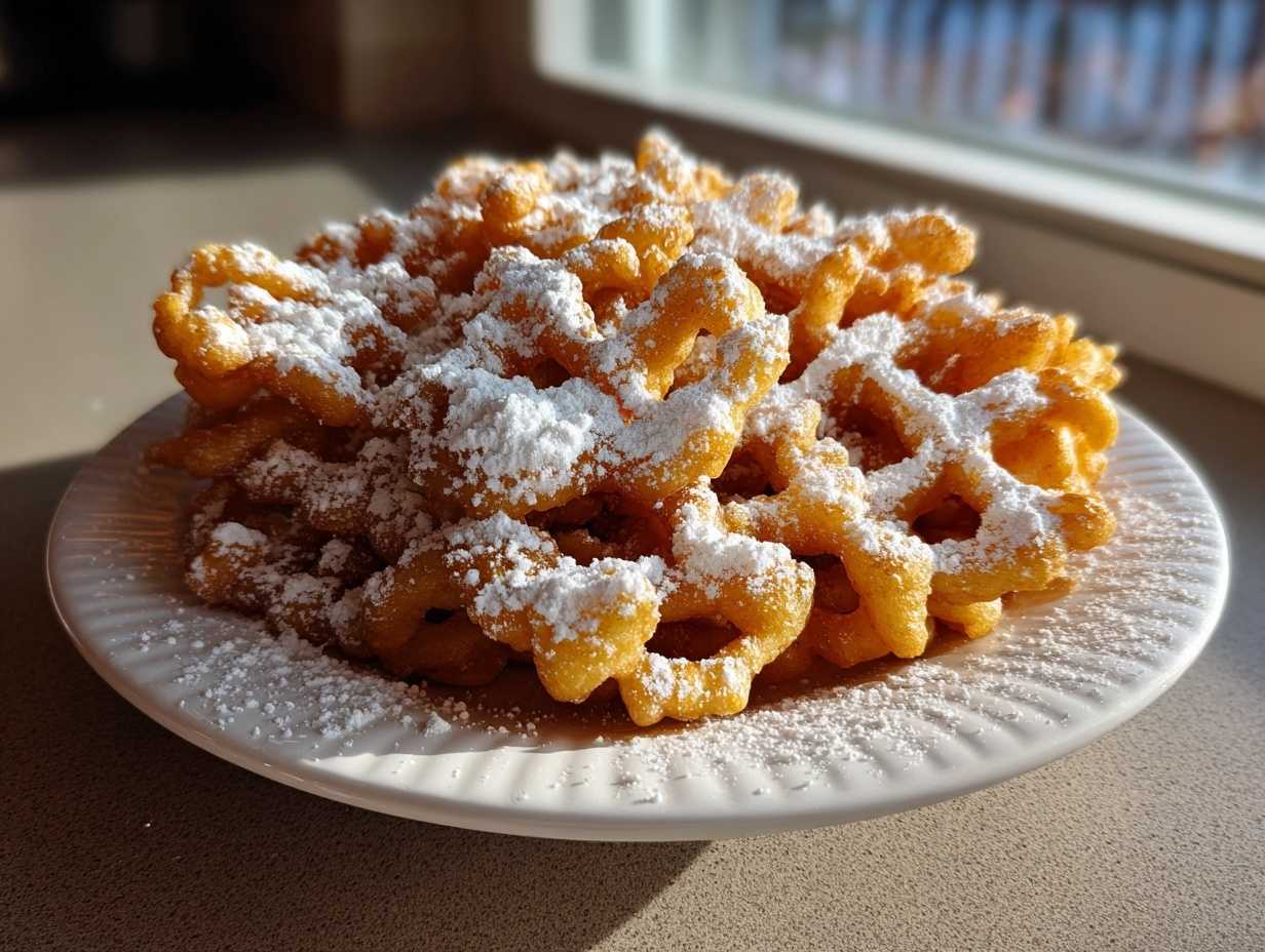 A mound of golden-brown, freshly fried funnel cake recipe generously dusted with white powdered sugar on a white plate.