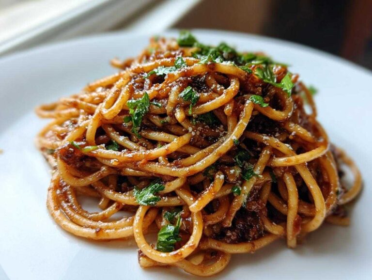 A close-up shot of a mound of glossy, saucy garlic noodles topped with fresh parsley and grated cheese.