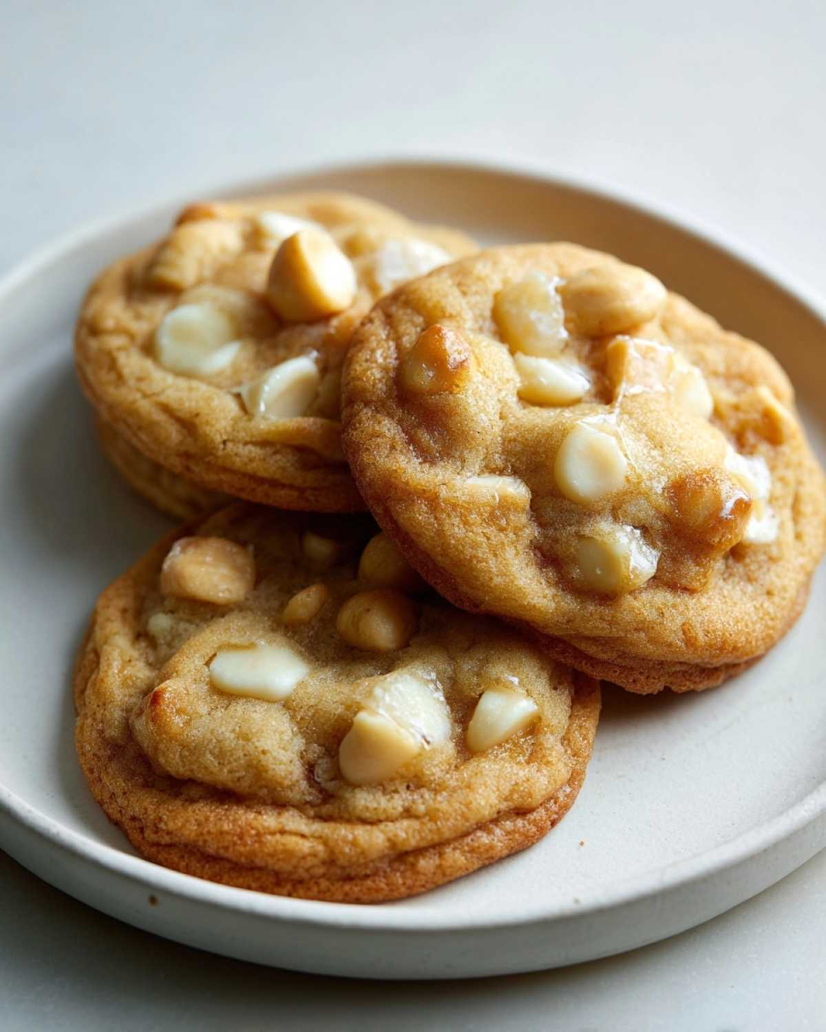 A stack of three golden brown macadamia nut cookies with visible white chocolate chunks on a light plate.