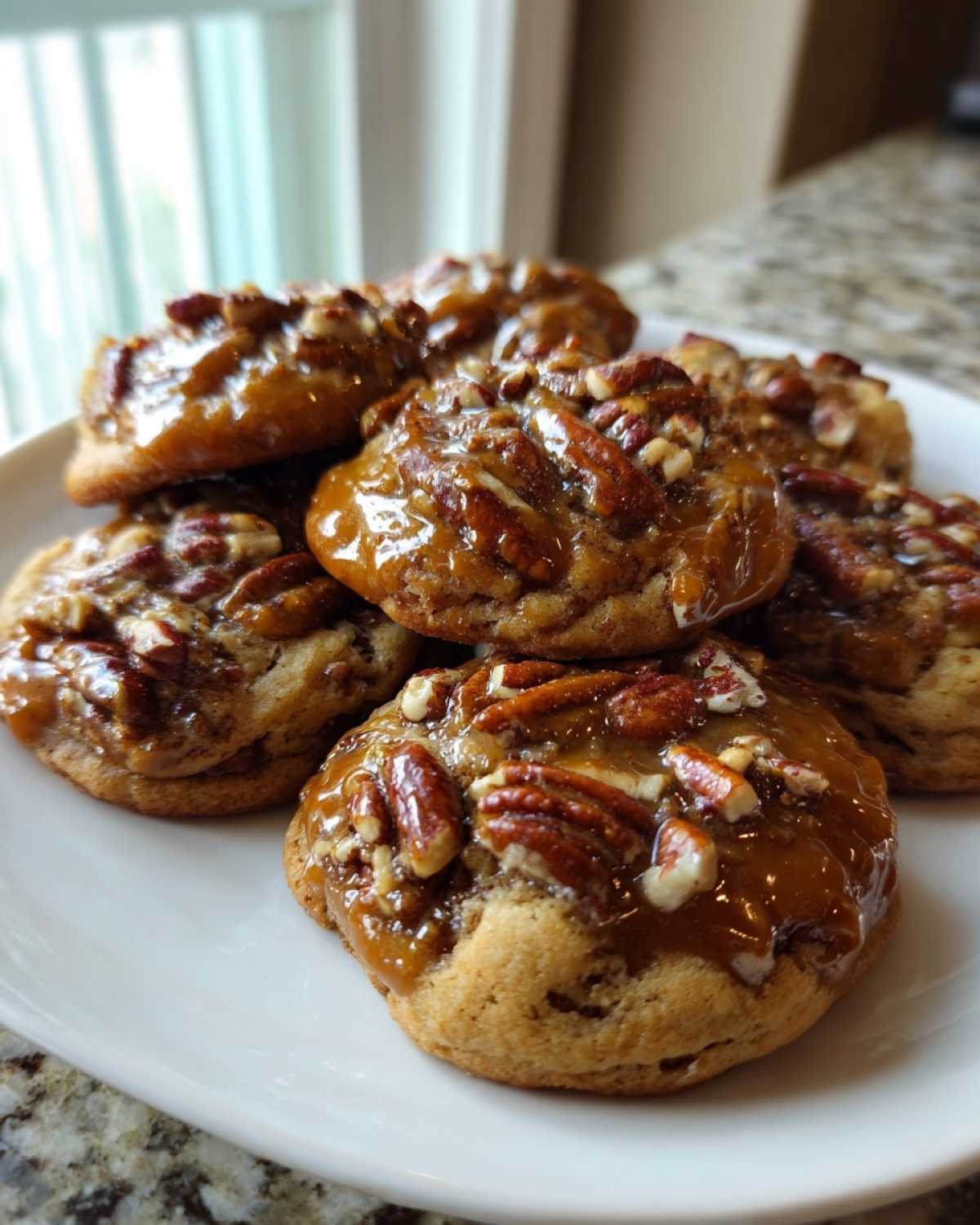A stack of freshly baked pecan pie cookies topped with gooey caramel and whole pecan halves.