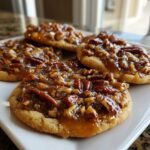 Four delicious pecan pie cookies topped with sticky caramel and whole pecans, served on a white plate.