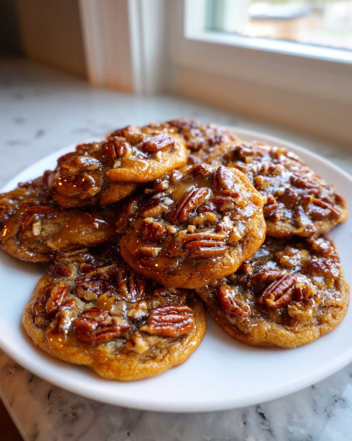 A stack of gooey, glazed pecan pie cookies topped with whole pecans on a white plate.