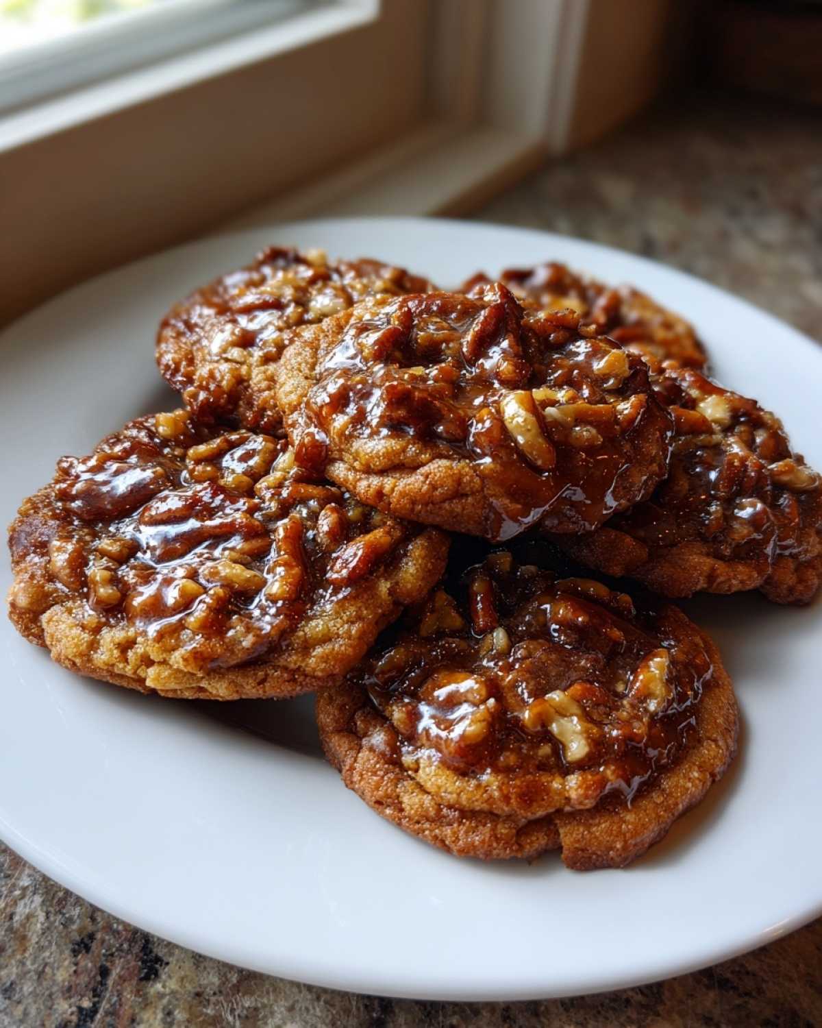 A stack of gooey pecan pie cookies topped with caramelized pecans, served on a white plate.