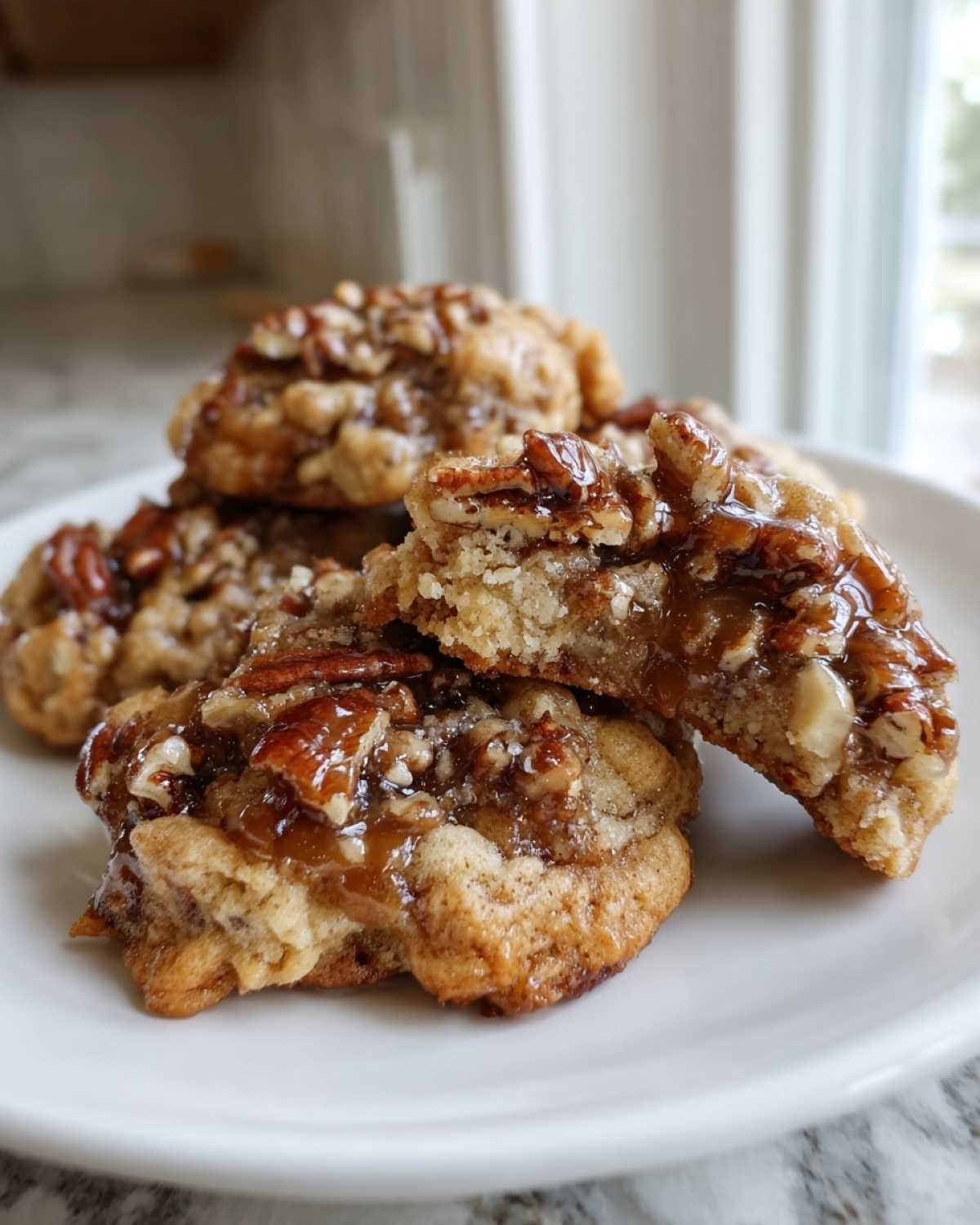 A stack of rich, gooey pecan pie cookies topped with glazed pecans, one cookie broken open to show the soft interior.