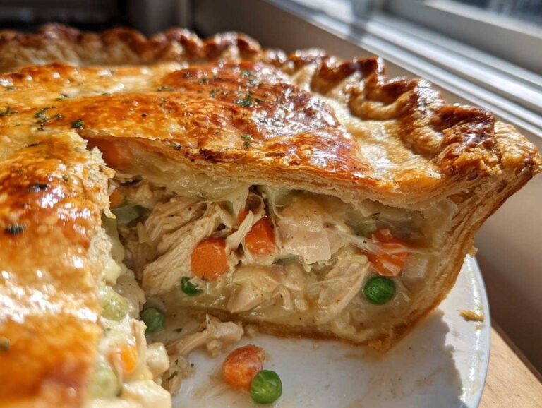 Close-up of a slice removed from an amazing pot pie recipe, showing flaky crust and creamy chicken and vegetable filling.