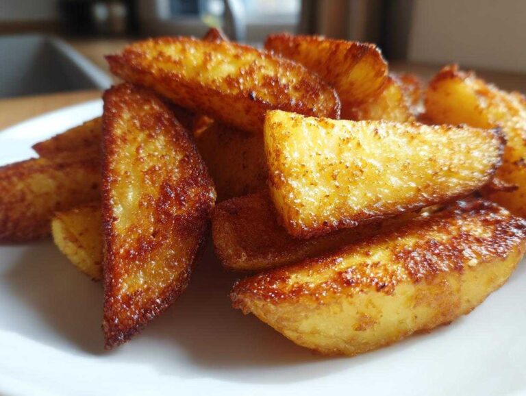 Close-up of golden brown, seasoned potato wedges piled on a white plate, showing a crispy exterior.