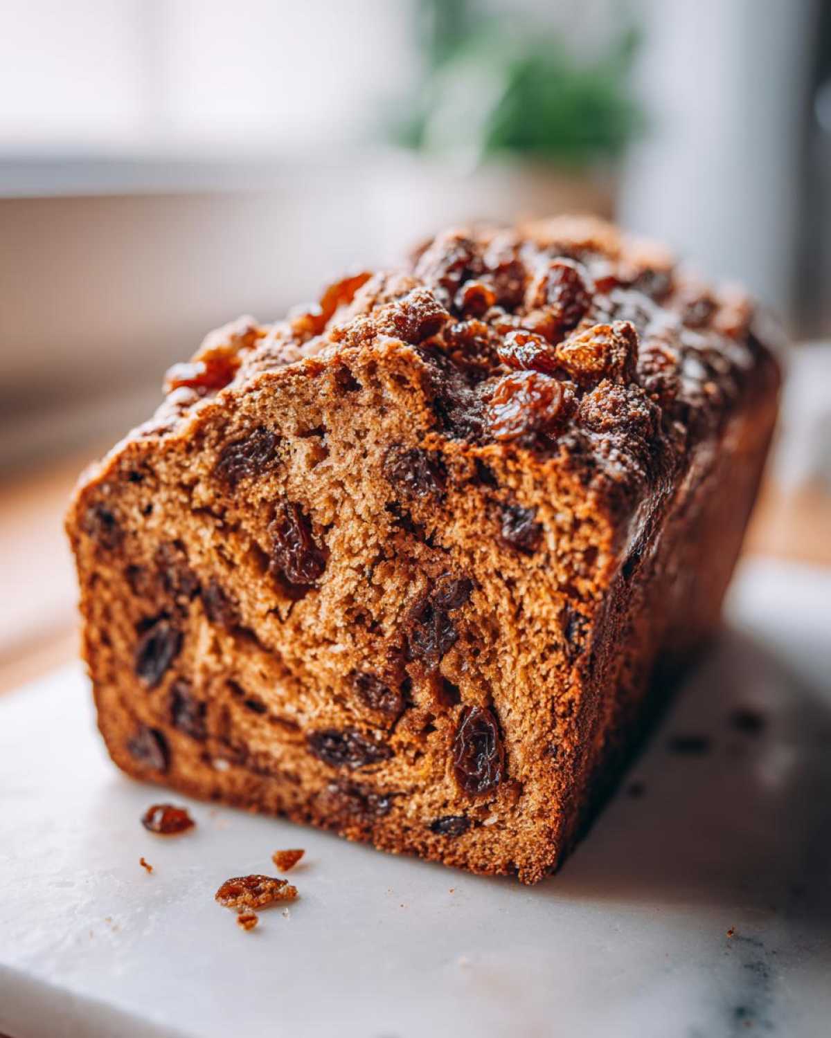 A close-up of a freshly baked loaf of moist raisin bread sitting on a white marble surface.