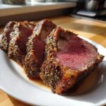 Close-up of thick slices of medium-rare rib roast with a dark, herb-crusted exterior resting on a white plate.