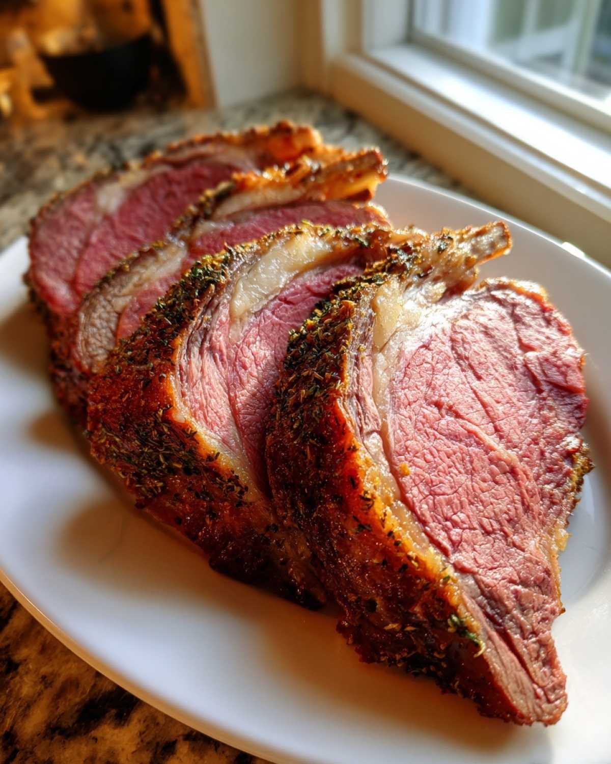 Four thick slices of medium-rare rib roast, crusted with herbs, resting on a white plate.