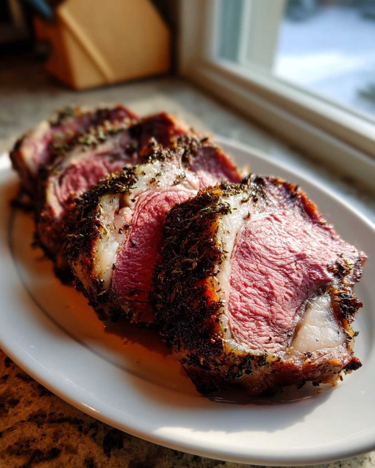 Four thick slices of perfectly cooked rib roast with a dark herb crust resting on a white platter.