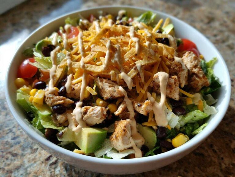 A vibrant bowl of amazing southwest salad topped with grilled chicken, avocado, black beans, corn, cheese, and creamy dressing.
