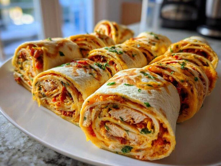 Close-up of several sliced taco pinwheels filled with chicken, cheese, and sauce, garnished with parsley.