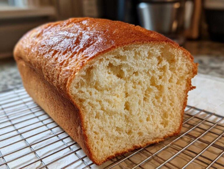 A loaf of freshly baked yeast bread, sliced to show the soft, airy interior and golden crust, cooling on a wire rack.