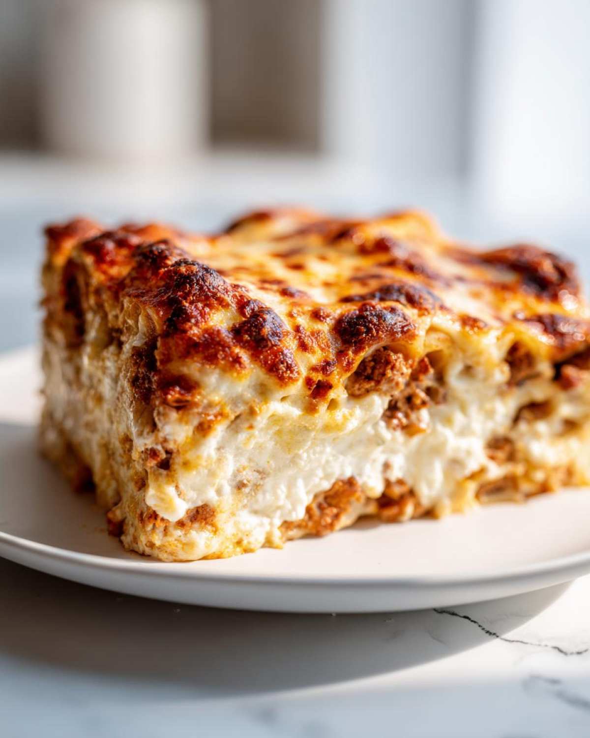 A close-up of a perfectly baked slice of ziti casserole with a browned, cheesy top layer.