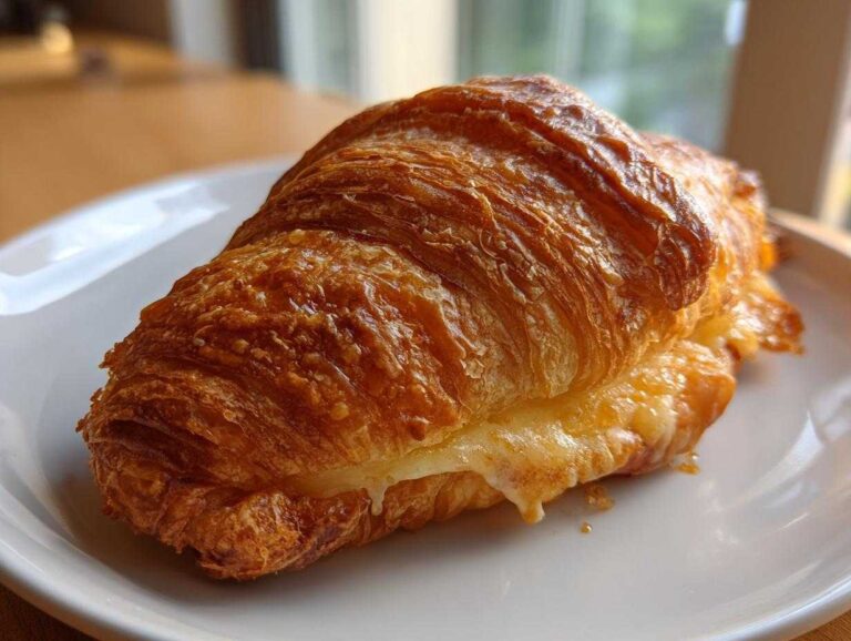 A golden brown, flaky baked ham and cheese croissant oozing melted cheese, served on a white plate.
