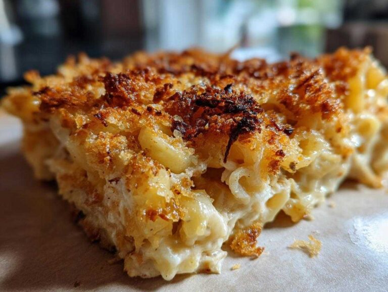 A close-up, low-angle shot of a creamy slice of baked tuna noodle casserole with a crispy, browned breadcrumb topping.