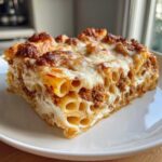 A delicious square slice of baked ziti pasta layered with meat sauce and creamy cheese topping.