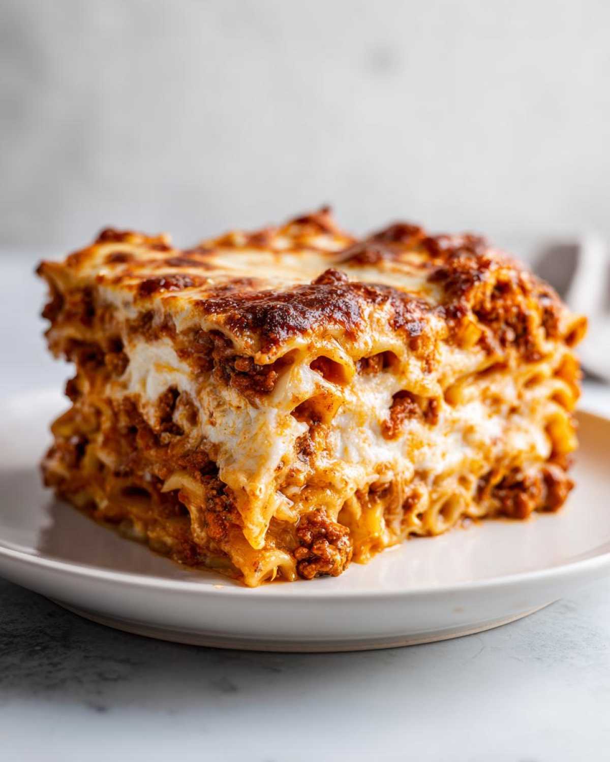 A thick, square slice of baked ziti layered with meat sauce and creamy white cheese, served on a white plate.