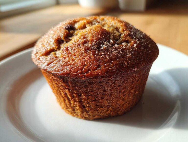 A single, perfectly baked banana protein muffin with a golden-brown top sprinkled with coarse sugar, sitting on a white plate.