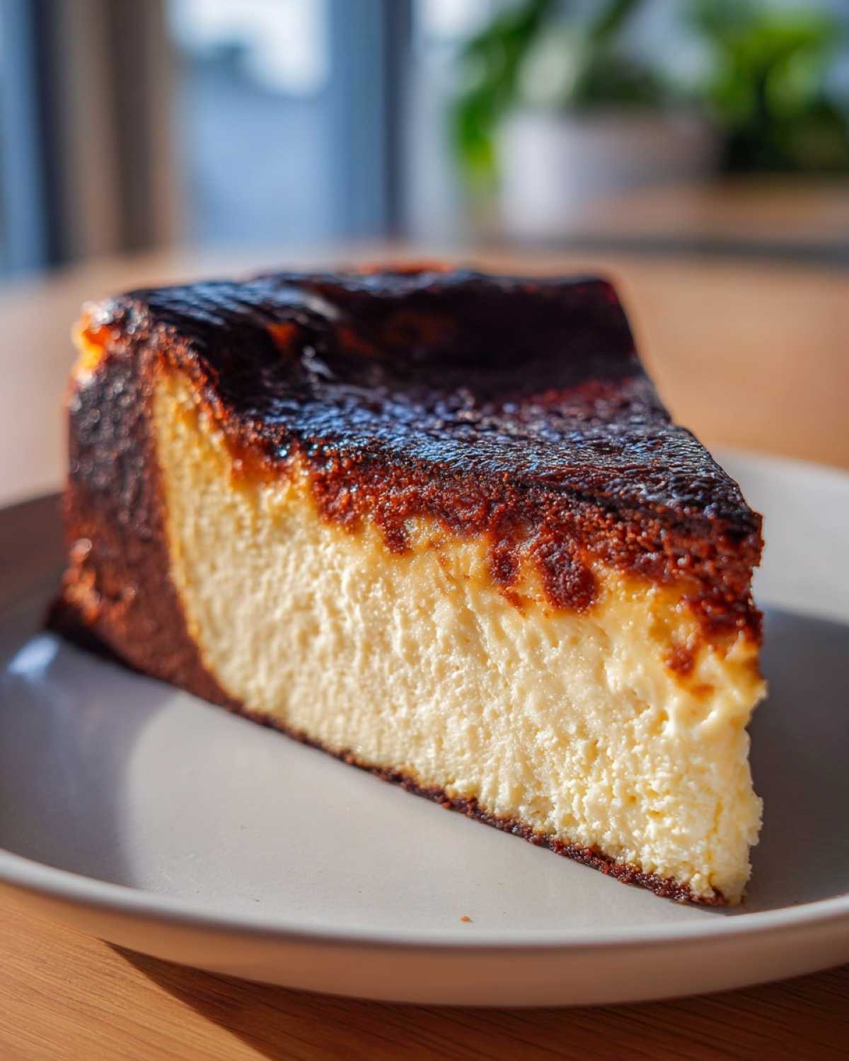 A perfect slice of Basque burnt cheesecake showing the creamy interior and dark caramelized top.