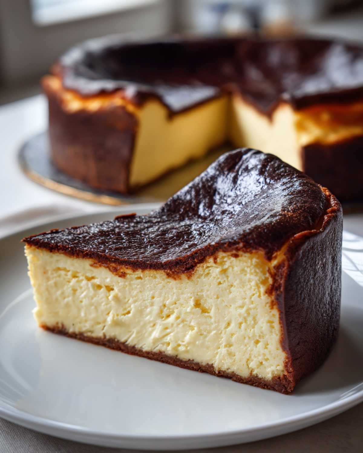 A thick slice of creamy Basque burnt cheesecake with a deeply caramelized top, served on a white plate.
