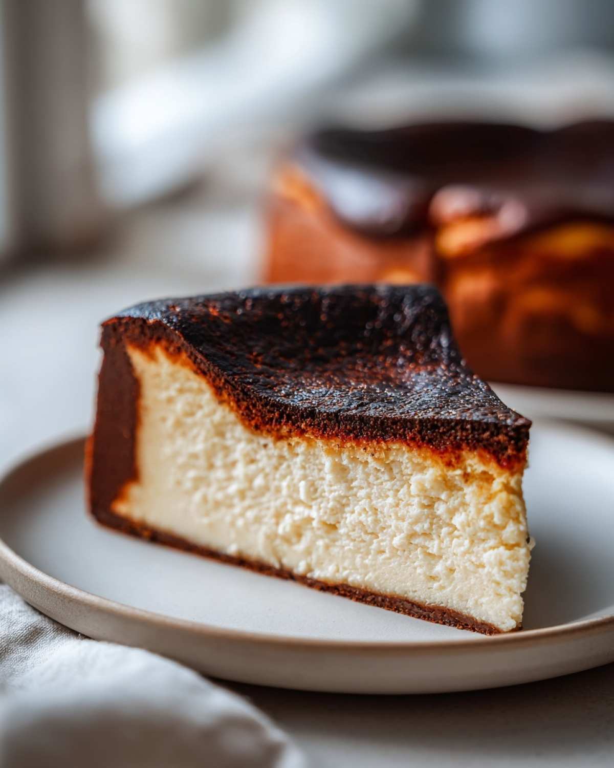 A perfect slice of Basque burnt cheesecake showing the creamy interior and dark caramelized top.