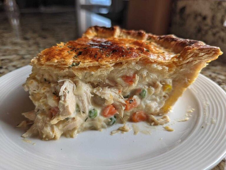 Close-up of a slice of best chicken pot pie showing flaky golden crust and creamy filling with shredded chicken and vegetables.