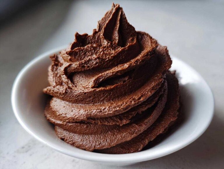 A close-up of a beautiful swirl of rich, dark chocolate buttercream frosting piped into a small white bowl.