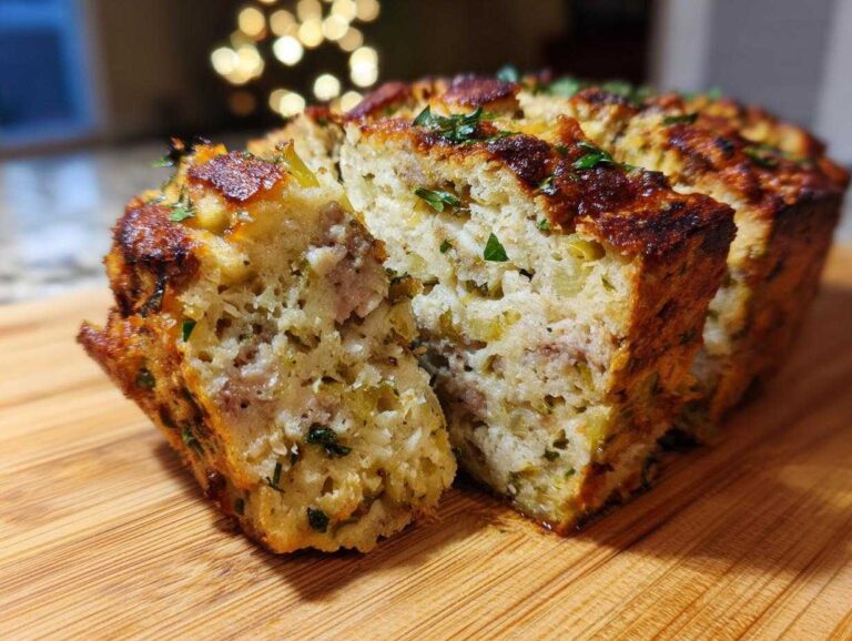 Close-up of sliced homemade stuffing baked in a loaf pan, showing a moist interior with sausage and herbs.