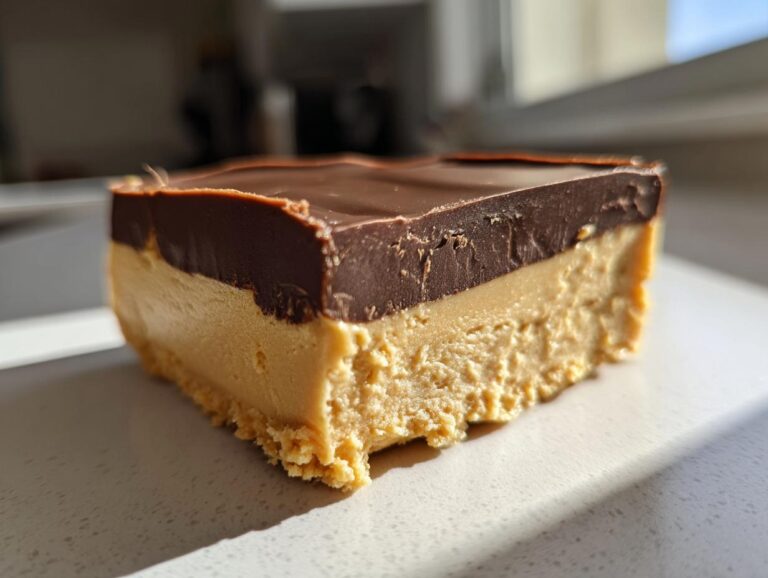 Close-up of a thick, square slice of buckeye fudge showing the peanut butter layer and smooth chocolate topping.