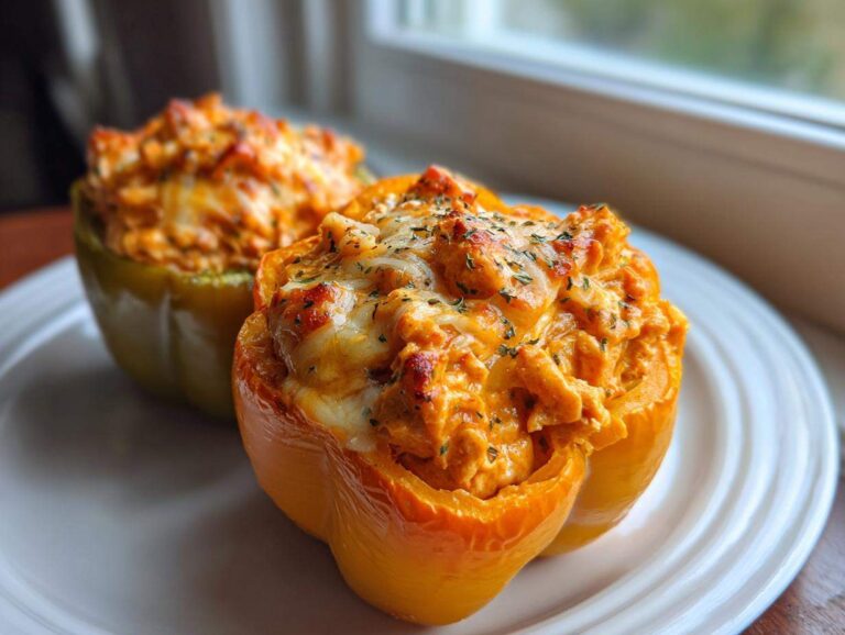 Two baked buffalo chicken stuffed peppers, one orange and one green, topped with melted cheese and herbs.