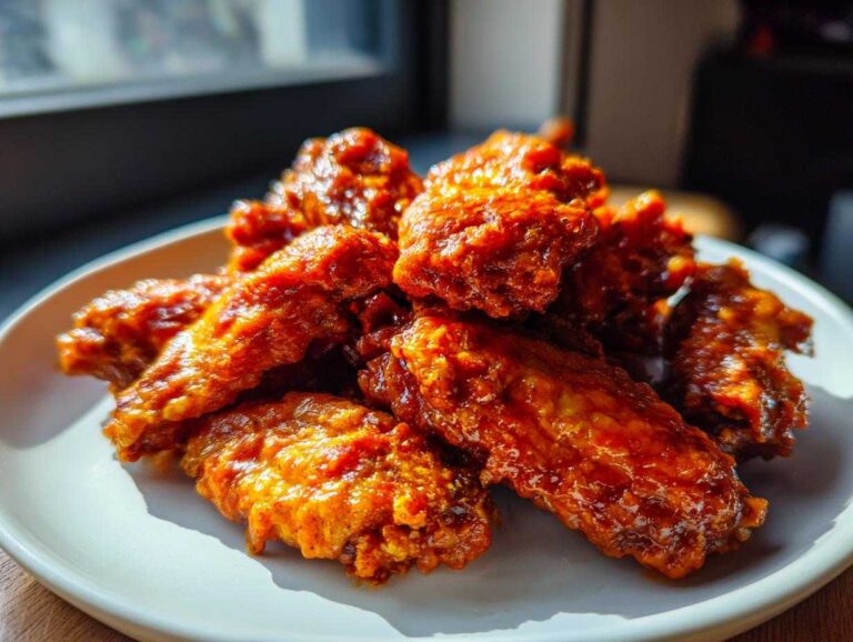 A close-up shot of several glossy, saucy buffalo chicken wings piled high on a white plate.