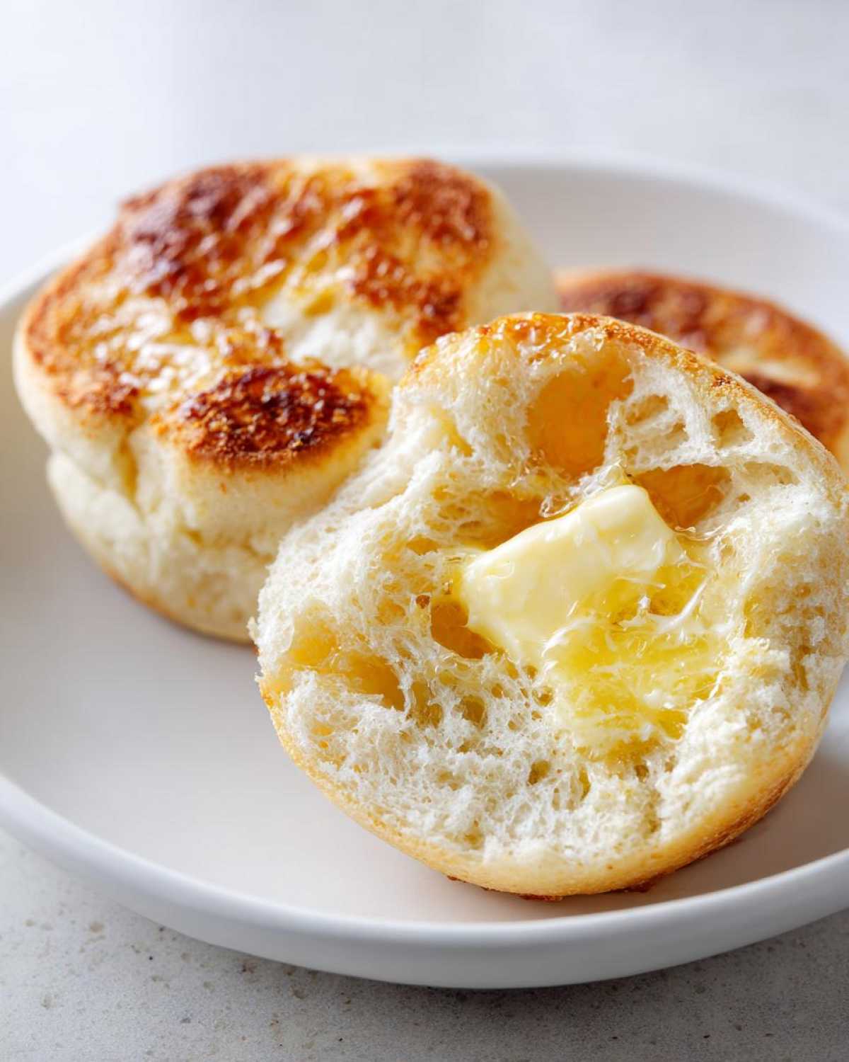 Close-up of a split english muffin showing melted butter soaking into its famous nooks and crannies.