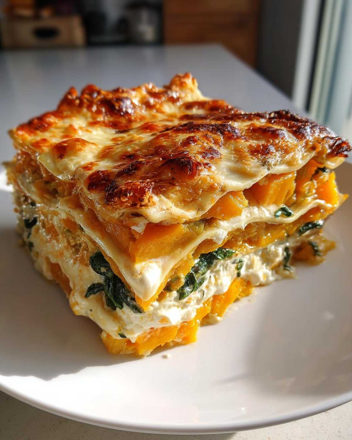 A thick, layered slice of butternut squash lasagna with creamy ricotta and spinach, topped with browned cheese.