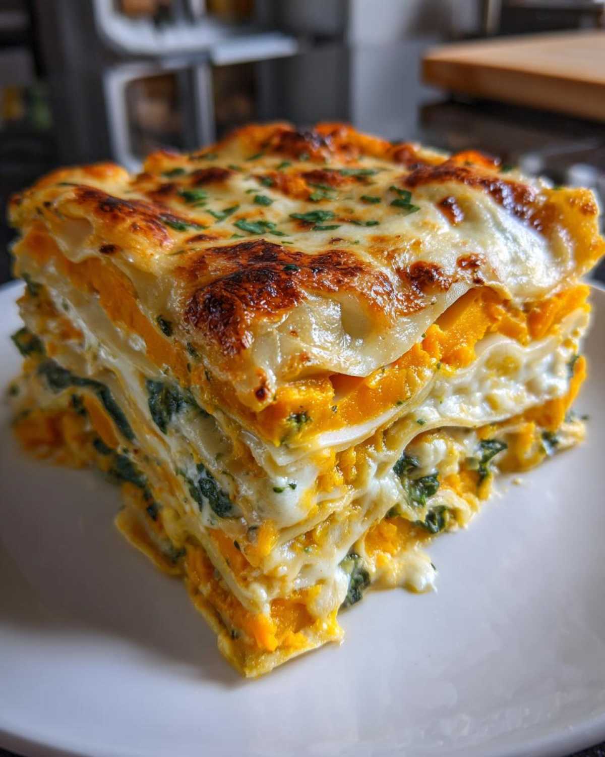 A tall, cheesy slice of butternut squash lasagna layered with bright orange squash and green spinach on a white plate.