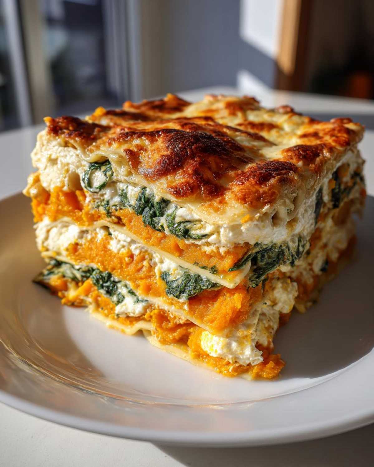 A thick, layered slice of butternut squash lasagna with ricotta and spinach, featuring a golden-brown cheesy top.