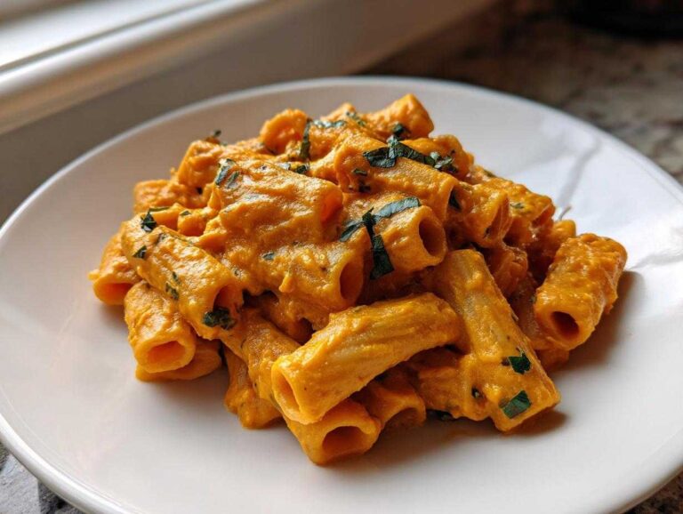 Close-up of rigatoni pasta coated in a rich, orange butternut squash pasta sauce, garnished with herbs.