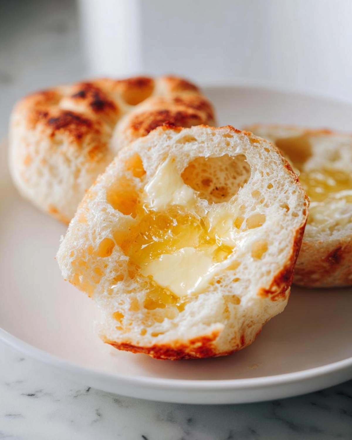 Close-up of a split English muffin showing its signature nooks and crannies filled with melted butter.